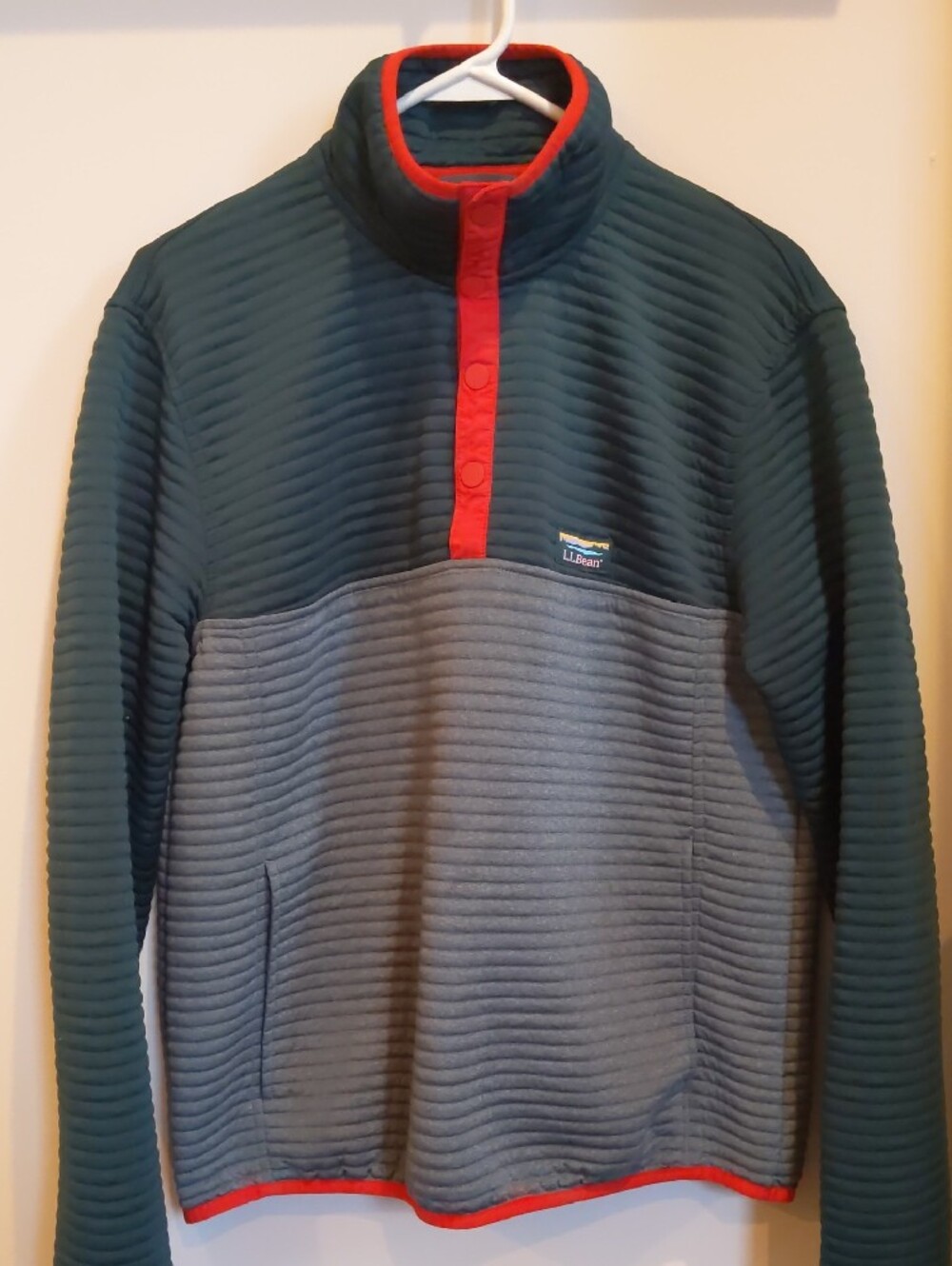 L.L. Bean Men's Quilted Pullover - Forest Green, Gray & Red Trim